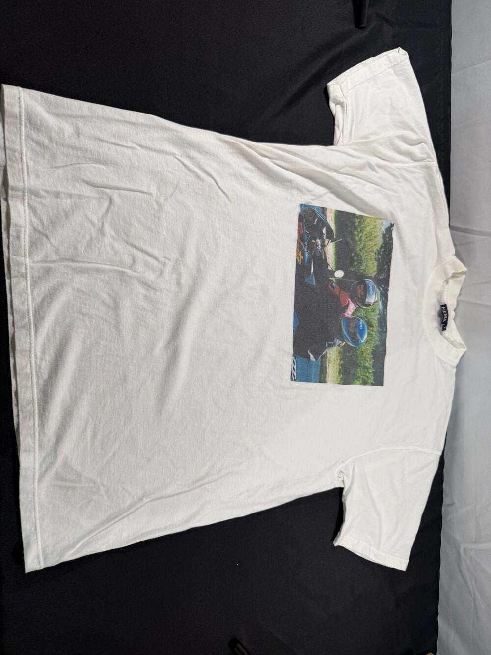 HEMA White T-Shirt with Motorcycle Graphic, Size L